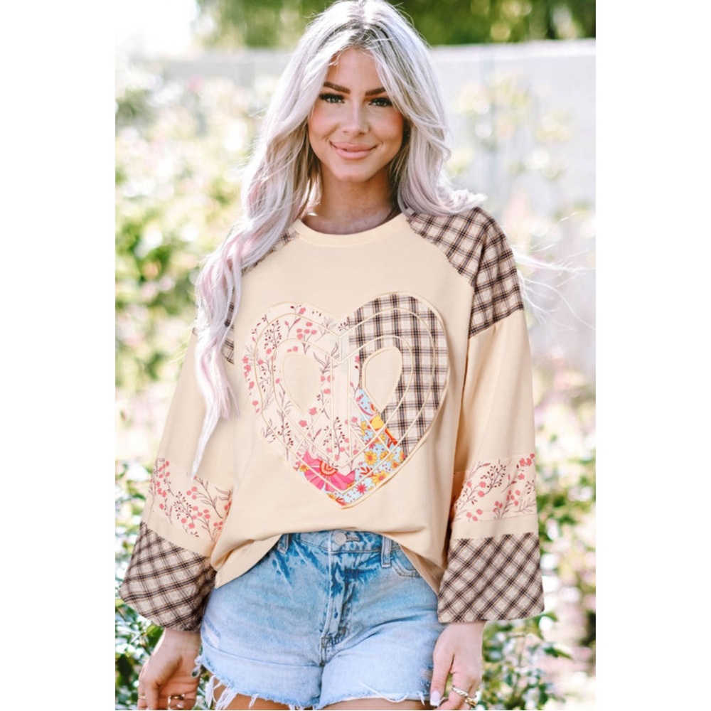 3 Pack Beige Floral Plaid Peace Sign Heart Graphic Wide Sleeve Pullover Top